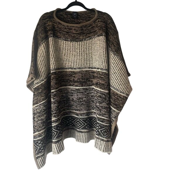 GAP One Size Chunky Cable Knit Heavy Wool Blend Earth Tones Brown Poncho Sweater - Picture 1 of 8